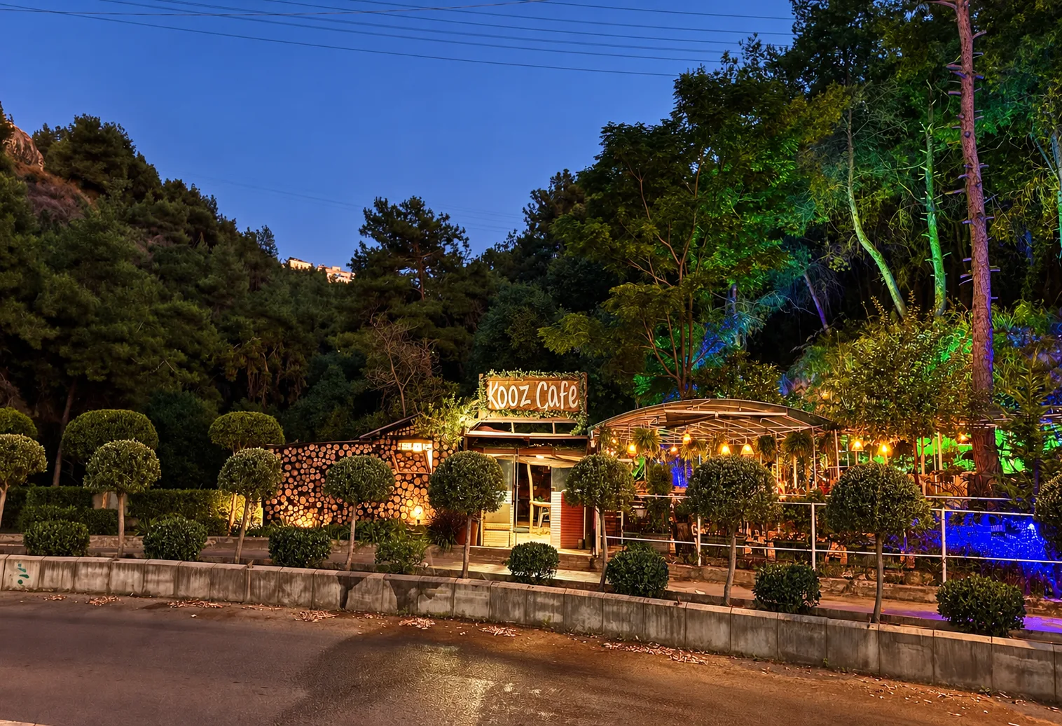 Kooz Café garden entrance illuminated in the evening